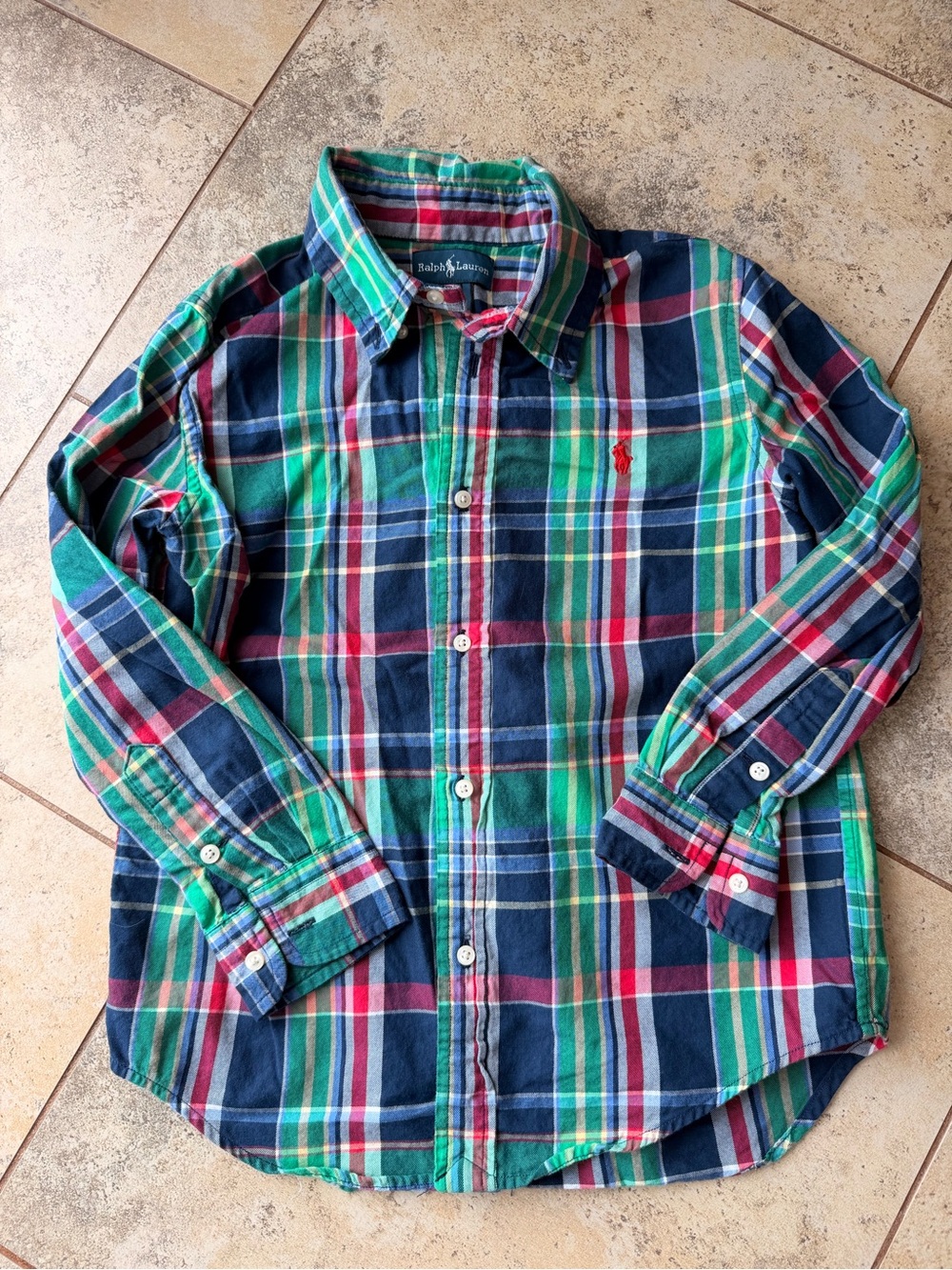 Ralph Lauren Boys Size 7 Plaid Button Down Shirt Green Navy Red Cotton Pony